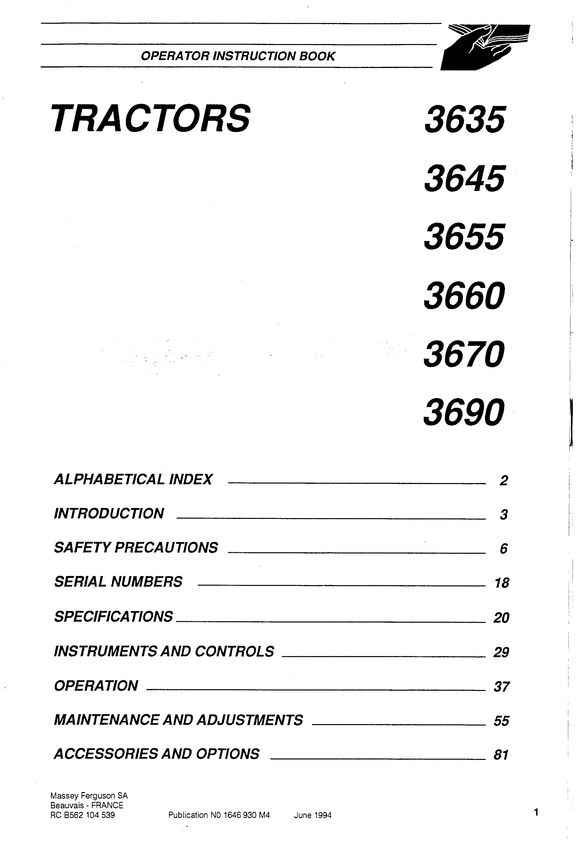 Product picture Massey MF 3600 3635 3645 3655 3660 3670 3690 Operator manual