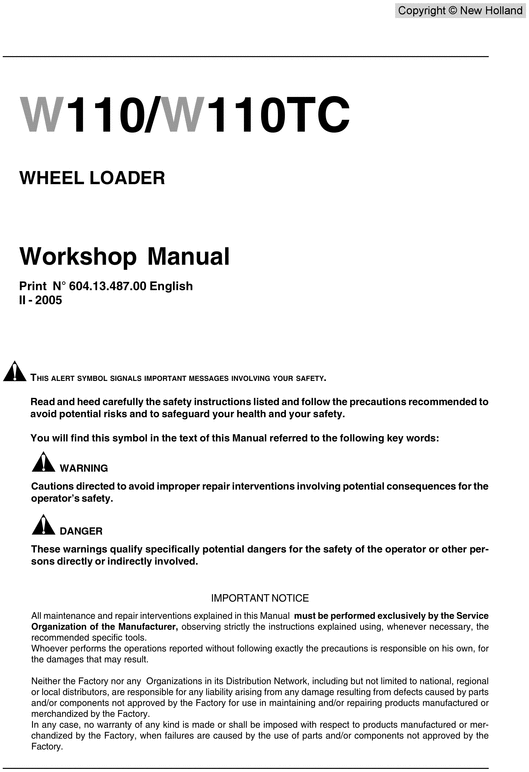 Product picture New Holland NH W110 W110TC Workshop Service Repair Manual