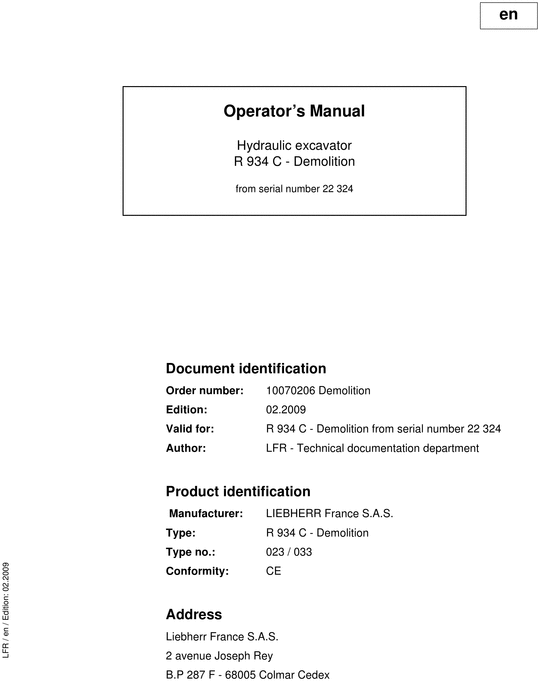 Product picture Liebherr R934C R 934 C Operator s Manual Maintenance