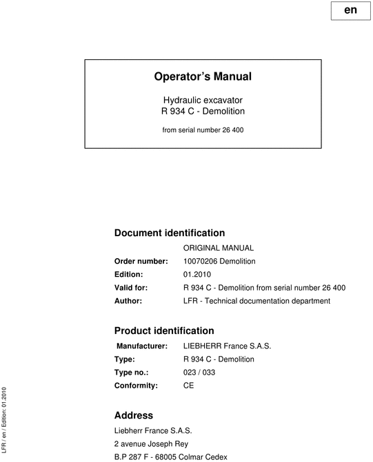 Product picture Liebherr R934C R 934 C Operator s Manual Maintenance