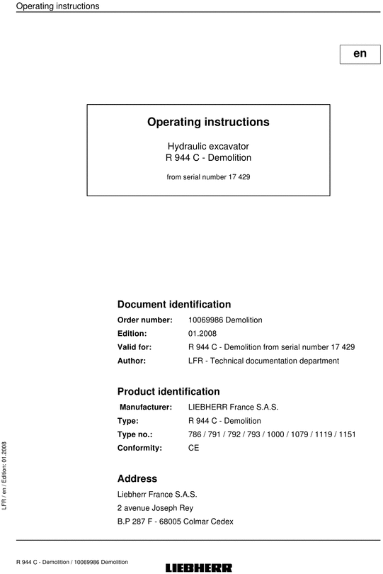 Product picture Liebherr R944C R 944 C Operator s Manual Maintenance