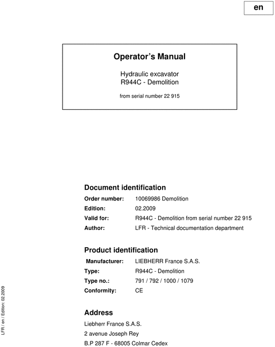 Product picture Liebherr R944C R 944 C Operator s Manual Maintenance
