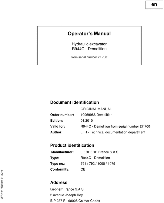 Product picture Liebherr R944C R 944 C Operator s Manual Maintenance