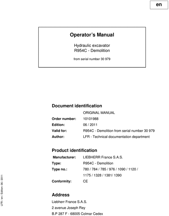 Product picture Liebherr R954C R 954 C Operator s Manual Maintenance